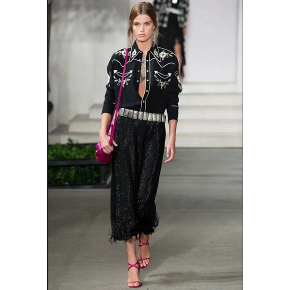Ralph Lauren Collection Purple Label Beaded Skirt Black Silk Fringe Midi Runway - Picture 3 of 11